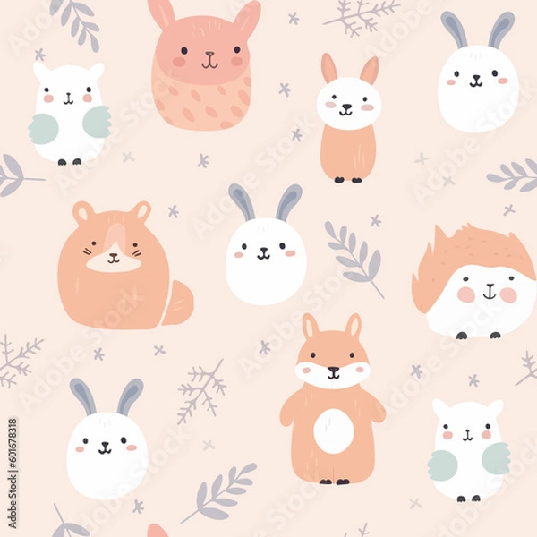 Fototapeta Childish seamless pattern with funny animals faces. Creative kids texture for fabric, wrapping, textile, wallpaper, apparel.