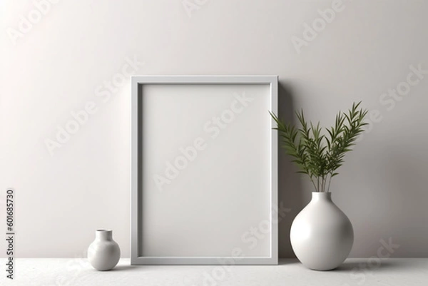 Fototapeta Generative Ai. empty frame and vase on a white wall