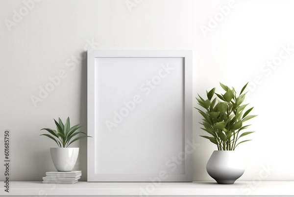 Fototapeta Generative Ai. a white shelf with a white frame and plants