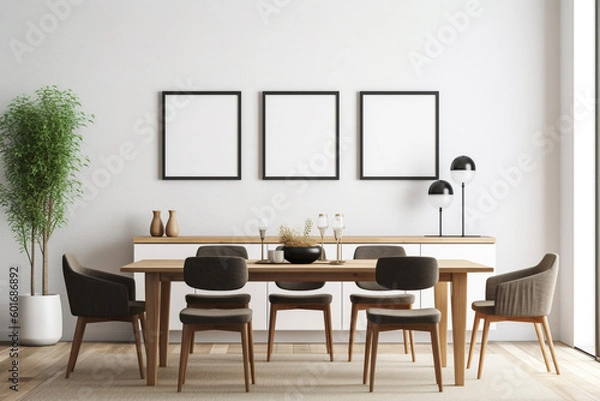 Fototapeta dining room with a table, three empty frames for poster mockups hang on the wall. Generative Ai. 