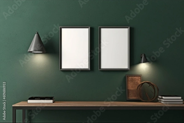 Fototapeta room interior with minimalistic design and two empty frames for poster mockup on the wall. Generative Ai. 