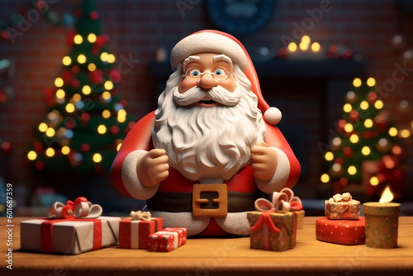 Fototapeta santa claus sitting on a chair with presents and a fireplace. Generative Ai