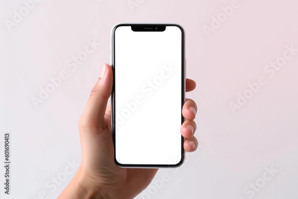Fototapeta hand holding an iphone with a white screen. Generative Ai