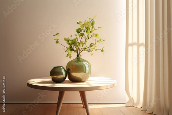 Fototapeta two vases on top of a round table. Generative Ai