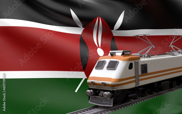 Fototapeta Kenya country national flag with speed trains railroad locomotive tourist traveling path international journey infrastructure concept 3d rendering image