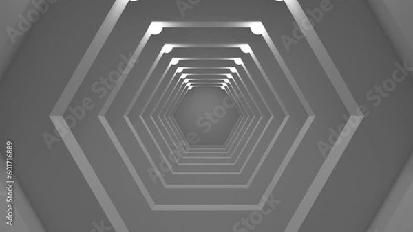 Fototapeta 3d illustration of white hexagonal tunnel with white light on top.