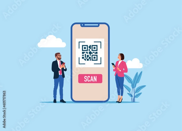 Fototapeta Scanning qr code on a screen smartphone for online payment, money transaction on mobile app service. Modern vector illustration in flat style