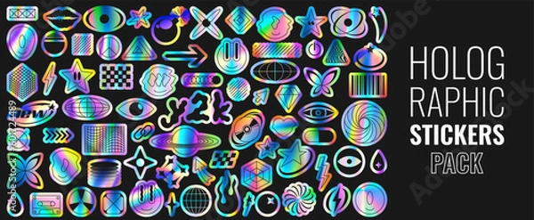 Obraz Set of holographic retro futuristic stickers. Vector illustration with iridescent foil adhesive film with symbols and objects in y2k style. Holographic futuristic labels.