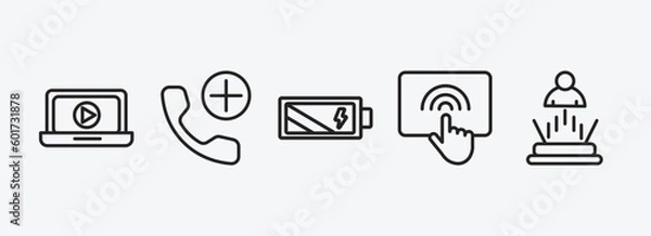 Obraz technology outline icons set. technology icons such as open laptop, add call, battery power, touchscreen, teletransportation vector. can be used web and mobile.