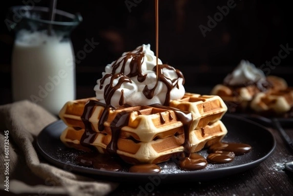 Fototapeta mouthwatering waffles with whipped cream and chocolate sauce drizzled over