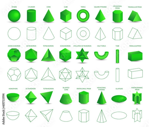 Fototapeta Set of vector realistic 3D green geometric shapes isolated on white background. Mathematics of geometric shapes, linear objects, contours. Platonic solid. Icons, logos for education, business, design