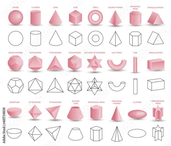 Fototapeta Set of vector realistic 3D pink geometric shapes isolated on white background. Mathematics of geometric shapes, linear objects, contours. Platonic solid. Icons, logos for education, business, design