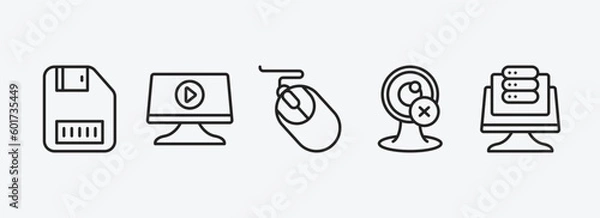 Obraz computer outline icons set. computer icons such as save file, computer video, mouse device, webcam disconnected, data page vector. can be used web and mobile.