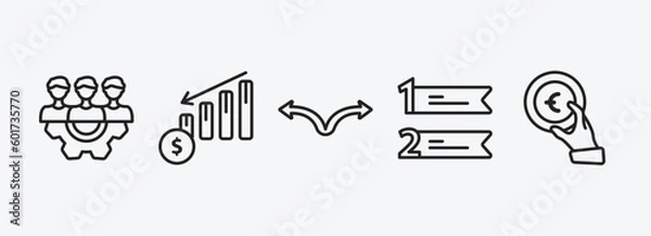 Fototapeta business outline icons set. business icons such as work parteners, profit chart, two way arrows, numbered information, euro coin on hands vector. can be used web and mobile.