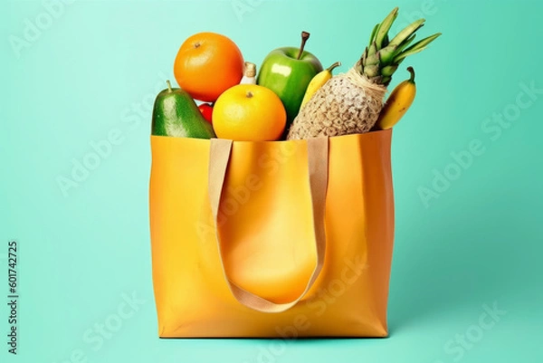 Obraz Yellow shopping bag with fruits and vegetables on light green background - generative ai
