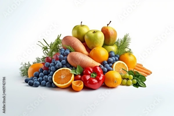 Obraz A lot of fruits and vegetables tastefully arranged against white background - Generative AI