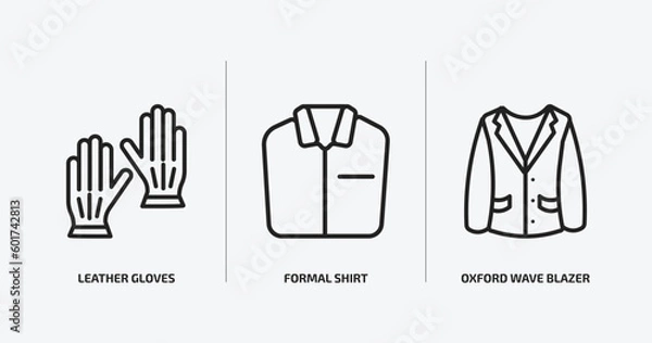 Obraz clothes outline icons set. clothes icons such as leather gloves, formal shirt, oxford wave blazer vector. can be used web and mobile.