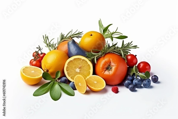 Obraz Various food with fruits and vegetables against white background - Generative AI