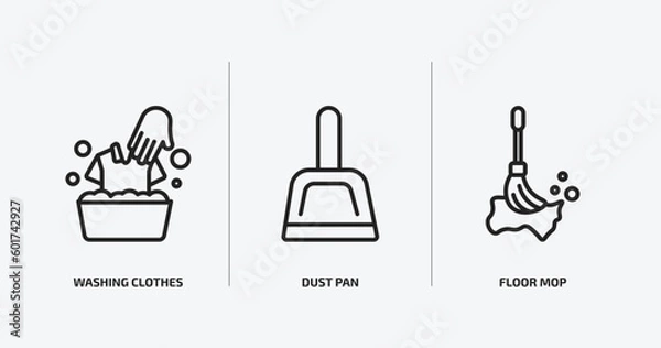 Fototapeta cleaning outline icons set. cleaning icons such as washing clothes, dust pan, floor mop vector. can be used web and mobile.