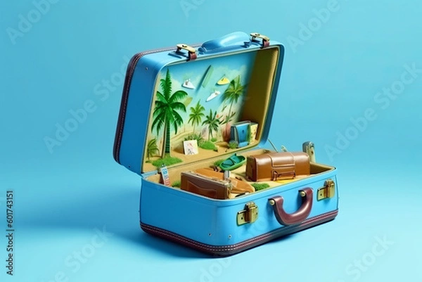 Obraz Travel in suitcase on blue background in the style of british topographical - Generative AI