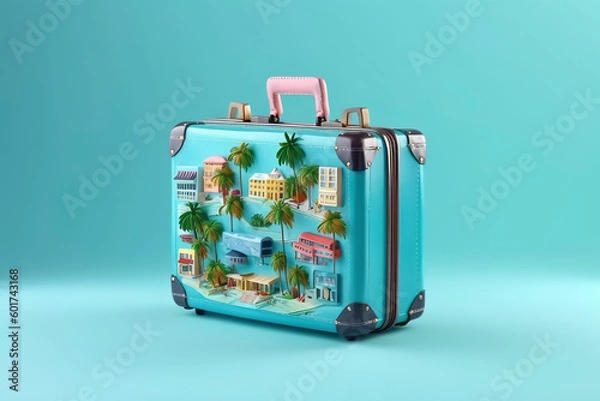 Fototapeta Blue travel suitcase with funny vacation souvenirs on the outside against blue background - Generative AI