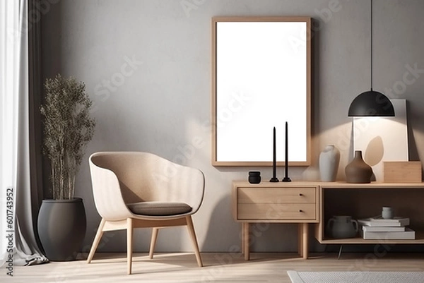 Fototapeta Blank wooden picture frame mockup on wall in modern interior. Vertical artwork template mock up for artwork, painting, photo or poster in interior design with Generative AI technology