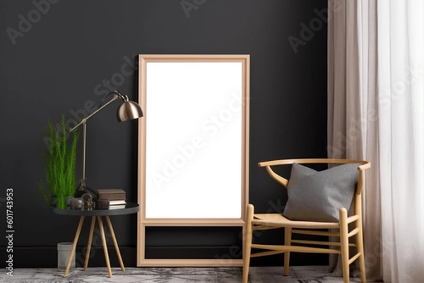 Fototapeta Blank wooden picture frame mockup on wall in modern interior. Vertical artwork template mock up for artwork, painting, photo or poster in interior design with Generative AI technology