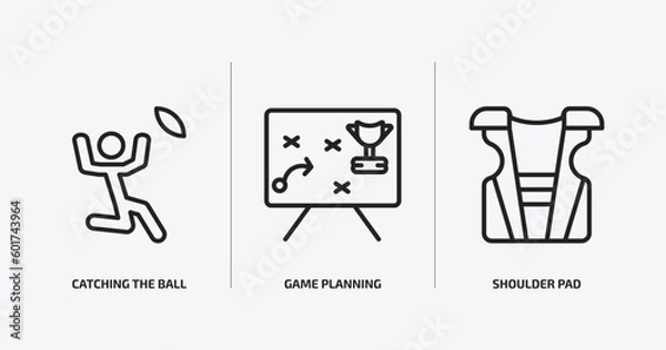 Fototapeta american football outline icons set. american football icons such as catching the ball, game planning, shoulder pad vector. can be used web and mobile.