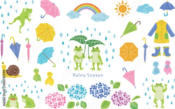 Obraz ６月　梅雨　カエルや紫陽花などのイラスト素材セット