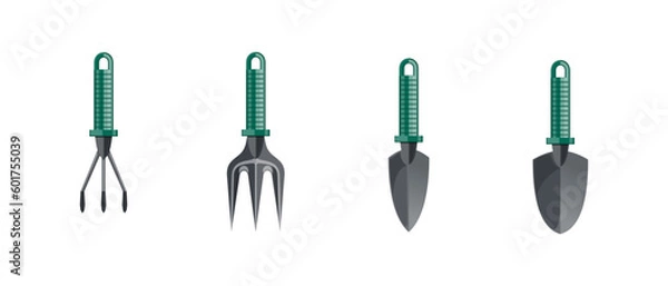 Fototapeta Small garden tools - hoe, fork, rake, trowel, scoop, shovel. Garden and vegetable garden tools. Vector icon set isolated on white