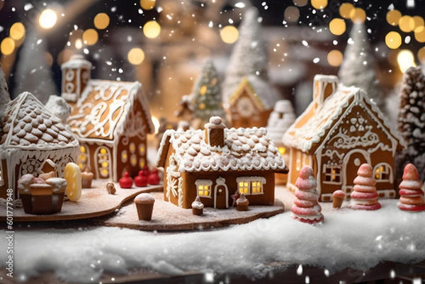 Fototapeta gingerbread houses with christmas decoration - generative ai