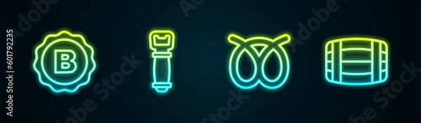 Fototapeta Set line Bottle cap with beer, opener, Pretzel and Wooden barrel. Glowing neon icon. Vector