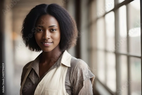 Fototapeta Portrait of the smiling an African American  female factory worker and industry background. Generative AI