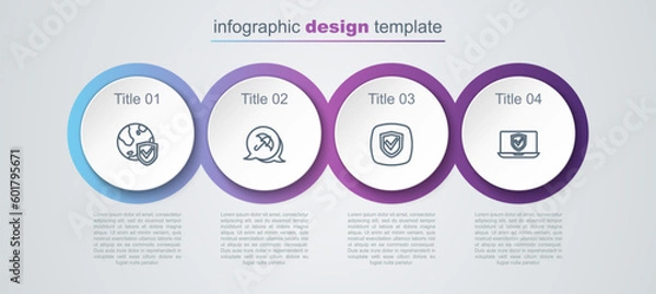 Fototapeta Set line Shield with world globe, Umbrella, and Insurance online. Business infographic template. Vector