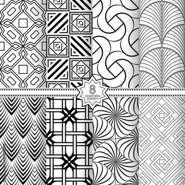 Fototapeta A set of vector seamless patterns. Modern geometric textures. Monochrome, linear.