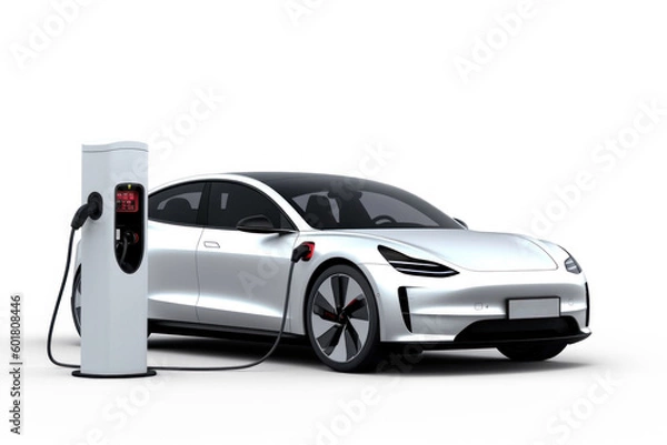 Fototapeta Modern electric vehicle (EV) plugged into a charging station, showcasing advanced green technology, isolated on a white background, generative ai