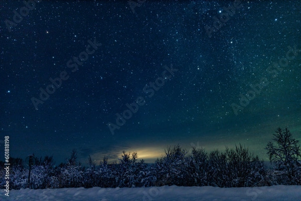Fototapeta Landscape of the night sky with bright stars and green northern lights on the background of the road, trees, nature, snow in winter. Wide angle