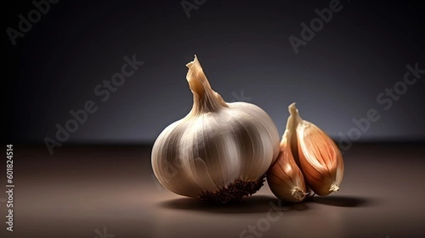 Obraz czosnek, ząbek czosnku leżący na blacie, główka czosnku