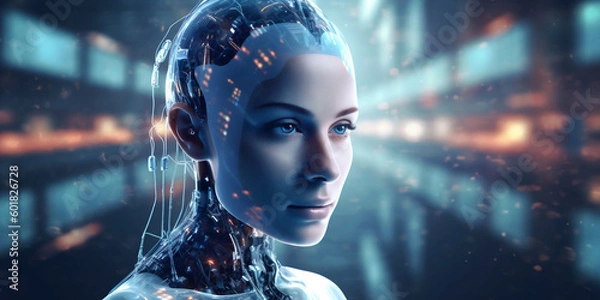 Fototapeta Beautiful female cyber fashion robot on the futuristic techno background. Artificial Intelligence. Quantum computer. AI Generative