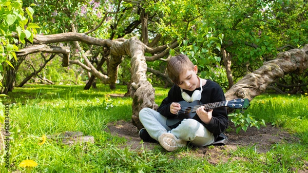 Fototapeta a little boy plays a small black ukulele, a guitar in a blooming garden, a park on a sunny day	