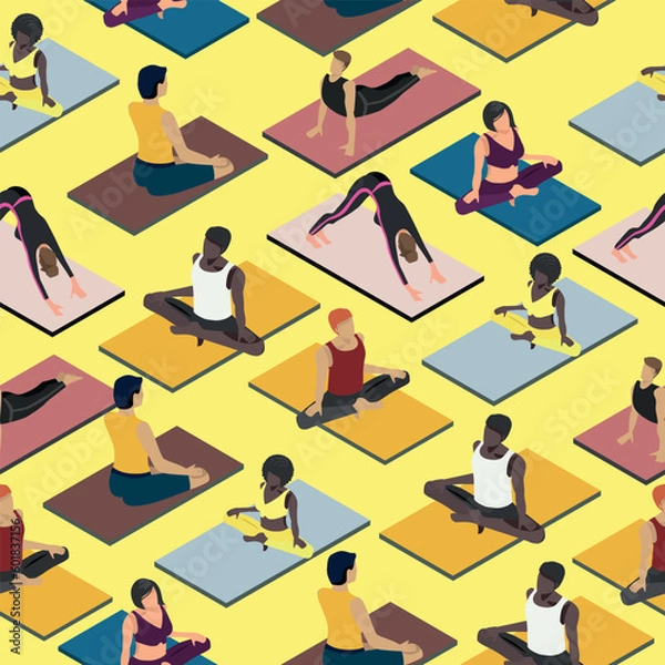 Obraz seamless pattern isometric people doing yoga.harmony. self-knowledge.vector illustration.