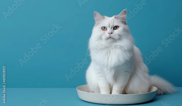 Obraz White cat sits on a blue background, free space on the side