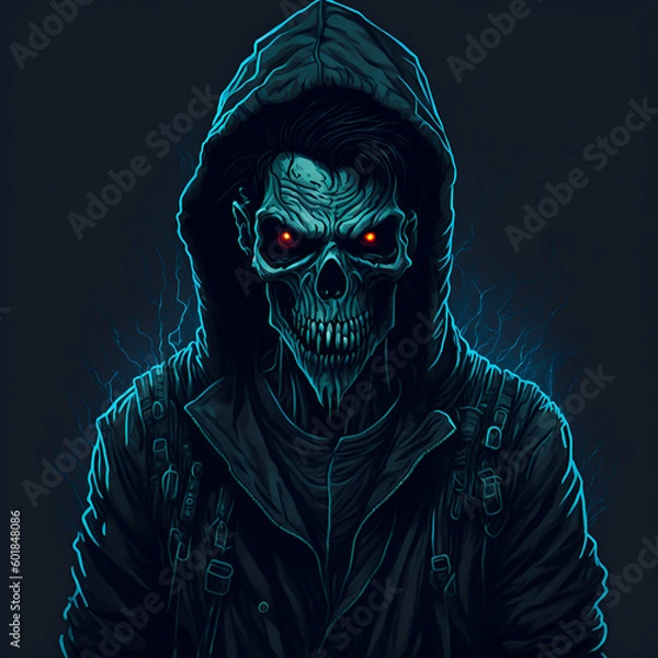 Fototapeta A zombie hacker, digital cod matrix face wallpaper background, cyber security concept image, created with generative AI