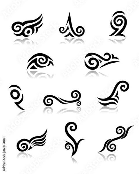 Fototapeta Abstract Maori Koru Tattoo Elements with Reflections