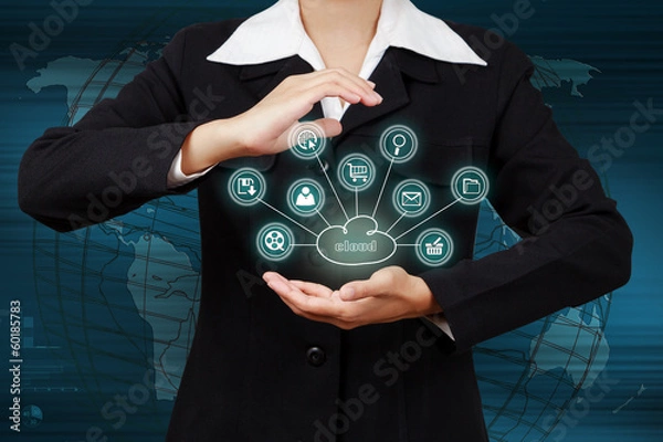 Fototapeta Business woman showing cloud computing. Concept of business mode