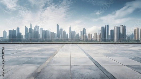 Fototapeta skyline and buildings with empty concrete floor. Generative AI