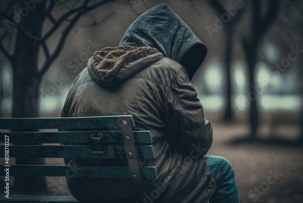 Fototapeta A person sitting alone on a park bench, Solitude Amidst Recession: The Human Cost, Generative AI
