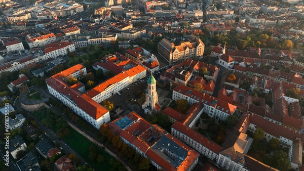 Fototapeta Aerial view of Budapest city skyline. Church of Mary Magdalene of Buda, one of the oldest churches of the Varkerulet District, Buda Castle District