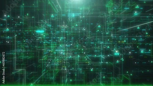 Obraz HUD futuristic UI transferring data simulation template concept 4K motion. Green AI analytic platform concept technology background