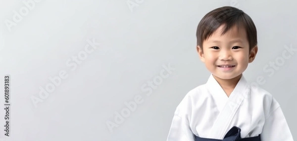 Fototapeta a smiling boy child dressed as a martial arts athletes in soft solid background generative ai